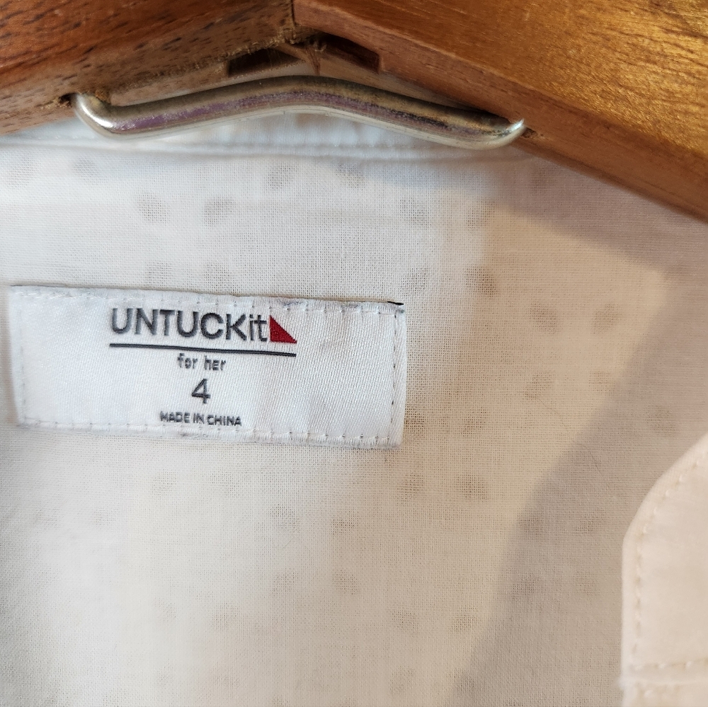 UNTUCKit Pearl White Cotton Eyelet Cap Sleeve Button Down Front Ruffle Hem Dress - Picture 8 of 14